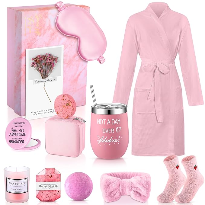 Nuogo 13 Pcs Birthday Gifts for Women Spa Basket Set for Women Mother's Day Gifts Mirrors Socks Steamers Jewelry Case Bath Robe Mom Nurse Girlfriend Wife