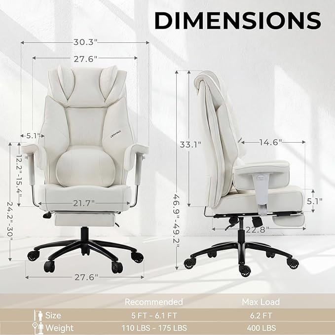 Dowinx Big and Tall Office Chair with Massage Lumbar Support,Executive Office Chair with Wide Thick Seat Cushion and Adjustable Armrest,Computer Gaming Chairs with Footrest (White,PU Leather)