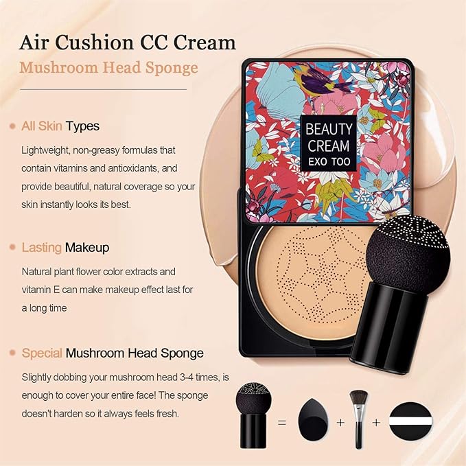Mushroom Head Air Cushion CC Cream Foundation, Moisturizing BB Cream, Long Lasting Matte Concealer with Mushroom Head Sponges