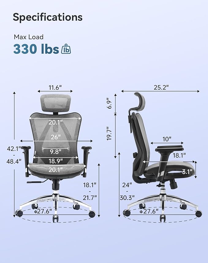SIHOO M57 Ergonomic Mesh Office Chair, High Back Home Desk Chair with 3D Armrests, Lumbar Support and Adjustable Headrest, Comfortable Computer Chair, Big & Tall Office Chair Hold 330 LBS-Grey