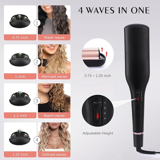 4 in 1 Crimper Hair Tool - Hair Waver with Adjustable Depths for 4 Wavy Styles, Beach Waves Curling Iron with 3 Ceramic Barrels, 4 Temperatures, Dual Voltage, Glove & Clips, for Women (Gold)