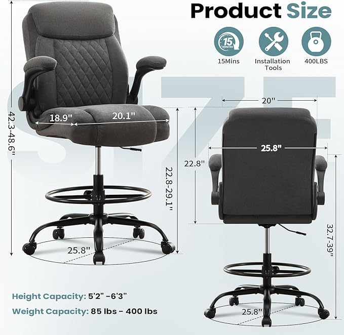 Drafting Chair for Standing Desk – Tall Office Chair with Adjustable Height & Foot Ring, Flip-Up Arms, Lumbar Support – Comfortable Fabric Seat, Ideal Home Desk Chair