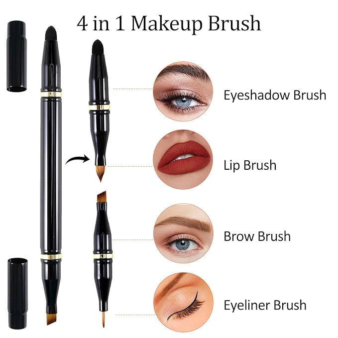 Ponhey 4 in 1 Travel Makeup Brushes Set Detachable Travel Makeup Brush with case for Foundation| Loose Powder| Concealer| Eye Shadow| Eyeliner Double Ended Makeup Brush Ideal for Liquid, Cream, Powder