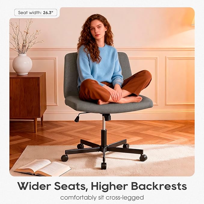 PayLessHere Criss Cross Chair Wide, Armless Office Desk Chair,Backrest Vanity Chair with Wheels 360 Swivel, Height Adjustable for Home Office, Home Office Grey