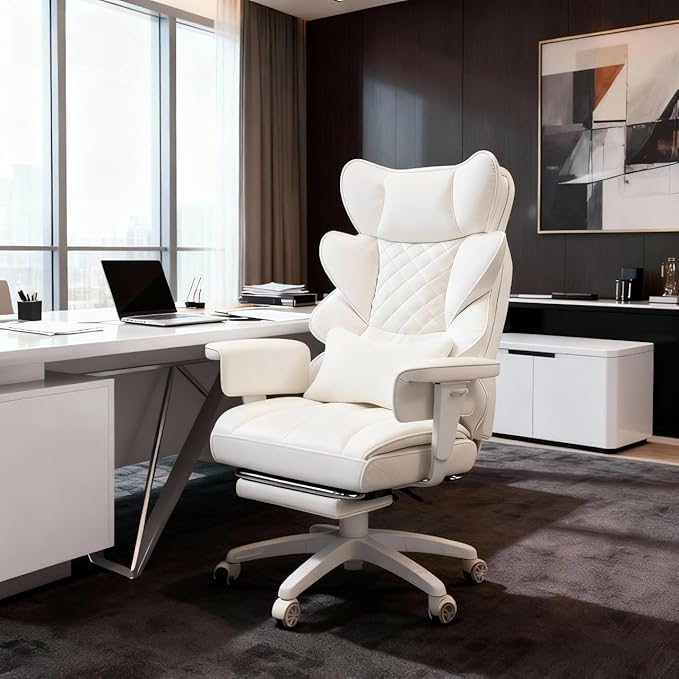 Dowinx Big and Tall Office Chair, High Back PU Leather Computer Gaming Chair with Pocket Spring Cushion, Adjustable Armrests, Lumbar Support, and Footrest –Light White