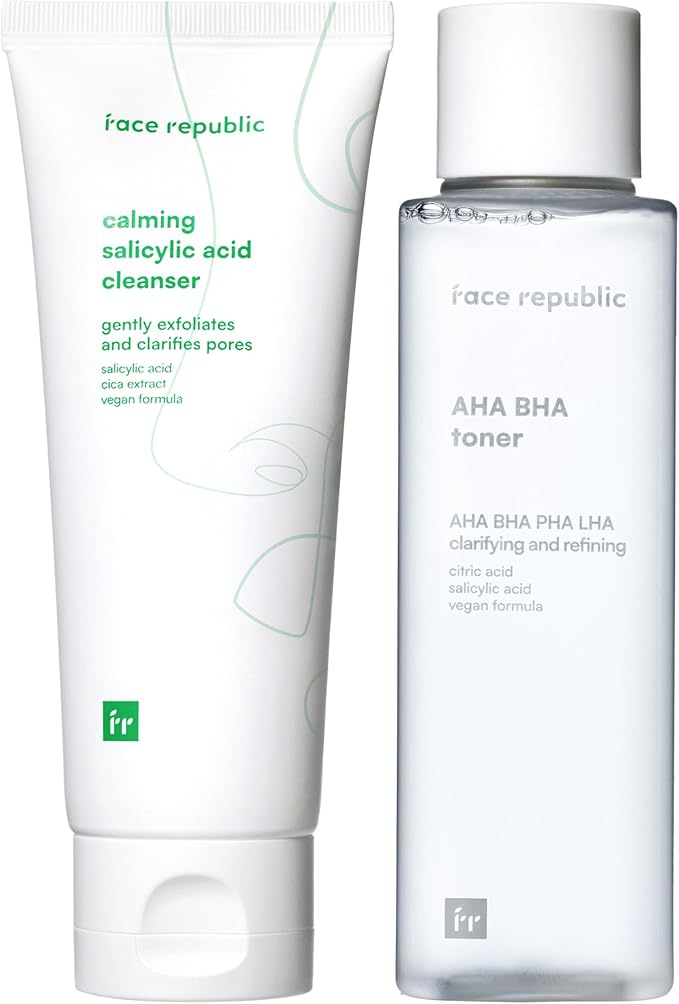 Face Republic Skin Prep Set for Oily Skin - AHA/BHA Toner + Calming Acne Salicylic Cleanser | Cleanse & Clarify | for Oily, Acne-Prone Skin