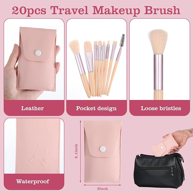 20 Sets Pink Travel Makeup Brush Set Bulk Synthetic Fiber Makeup Brushes Set Bridesmaid Gift for Wedding Bridal Shower Favors Bachelorette Party Gift (Ivory Beige)