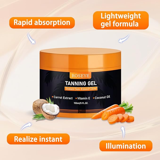 Roseye Intensive Tanning Gel Buildable Natural Glow with Carrot Extract, Coconut Oil Vitamin E Non-Greasy Fast-Absorbing Formula for All Skin Types - 5.8 FL OZ