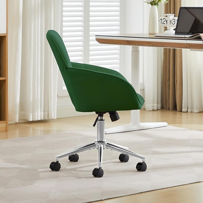 YITAI Velvet Office Desk Chair with Silver Foot Base, with Wheels,Modern Height Adjustable 360 Degree Swivel Upholstered Vanity Chairs with Arms for Living Room Bedroom,Green