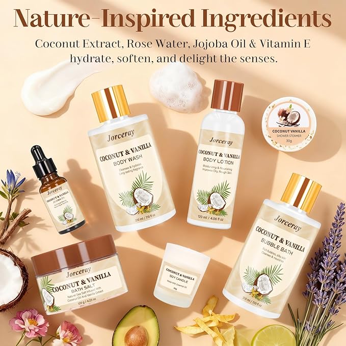 22PCS Spa Gift Baskets for Women, Luxury Bath and Body Gift Basket Set for Women Coconut Vanilla Spa Kit Relaxing Spa Self Care Gift for Her Wife Lover Mom Sister Friend