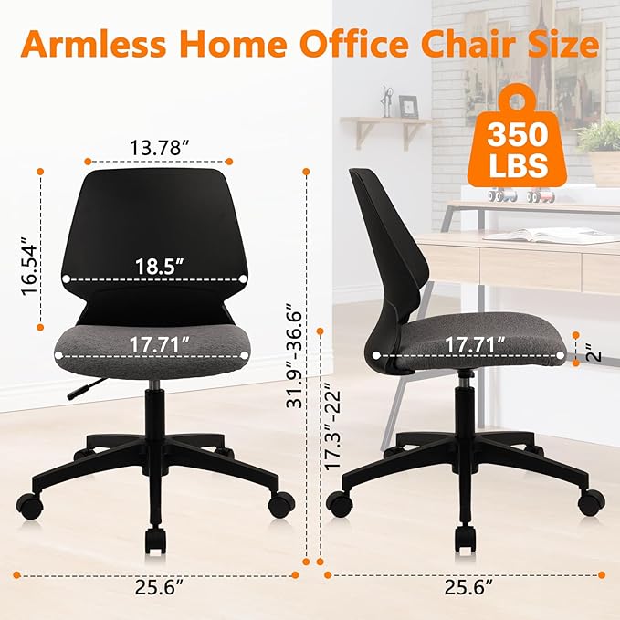 CLATINA Armless Home Office Chairs, Ergonomic Small Desk Chair with Wheels and Soft Thick Upholstered Cushion, Comfy Adjustable Height Swivel Computer Task Chair for Conference Waiting, Black, 6 Pack