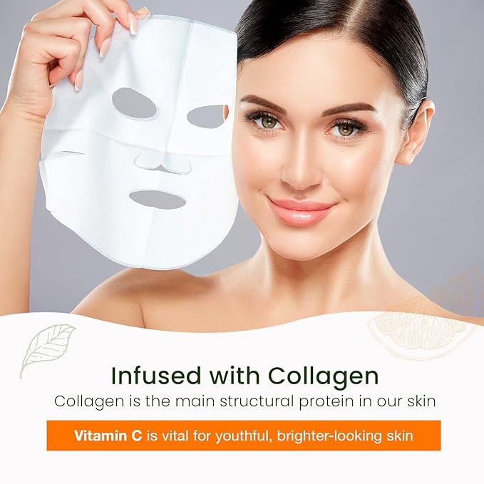 Vitamin C & Collagen Sheet Face Mask - Brightening, Anti-Aging, Skin Nourishing, Moisturizing, Dermatologist Tested, Cruelty Free Korean Skin Care For All Skin Types - 20 Masks