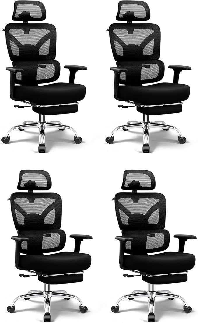 Ergonomic Office Chair with Footrest, Big and Tall Home Desk Chair, High Back Rolling Computer Chair with 3D Arms and Lumbar Support, Comfortable Gaming Chair, Black-4 Pack