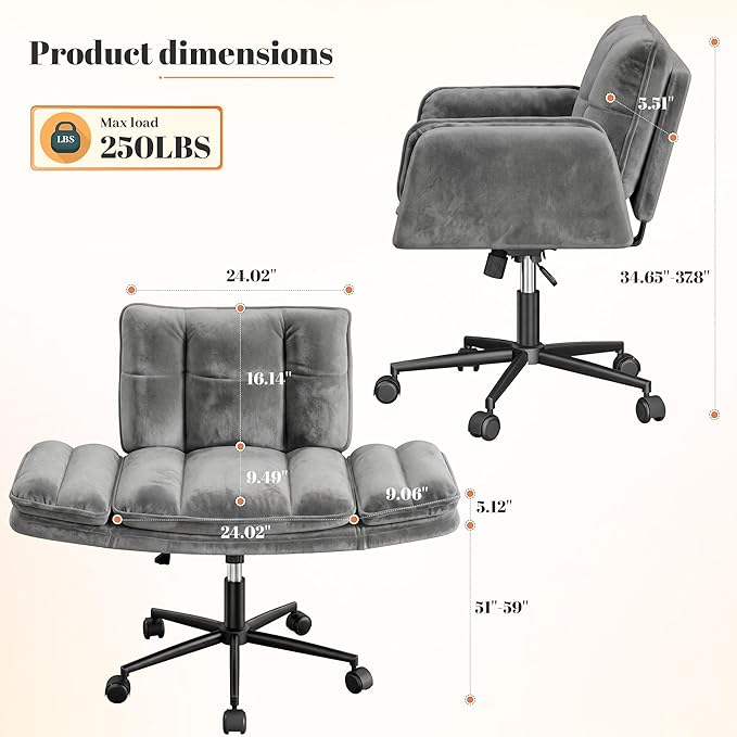 Criss Cross Chair with Wheels, Ergonomic Office Chair with Adjustable Armrests, Vanity Chair with Back for Bedroom, Makeup Room and Office Room, Gray