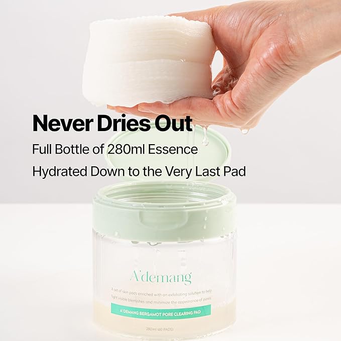 A'demang Bergamot Pore Clearing Toner Pad | Exfoliating Facial Pad, Facial Peels, Hydrating | for Acne Prone, Dry Oily Combination Skin | Korean Skincare [9.4 fl oz. / 280ml, 60 Pads]