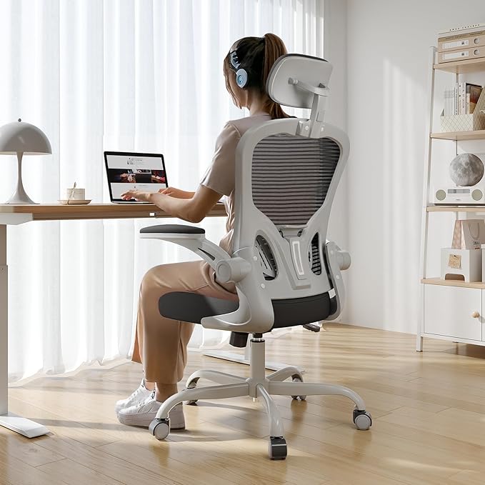 Synorla Office Chair Ergonomic Desk Chair, 330LBS Capacity, High Back Computer Design for Long Hours Comfort, Rolling Swivel for Home Office, Flip-up Armrests（Grey Black）
