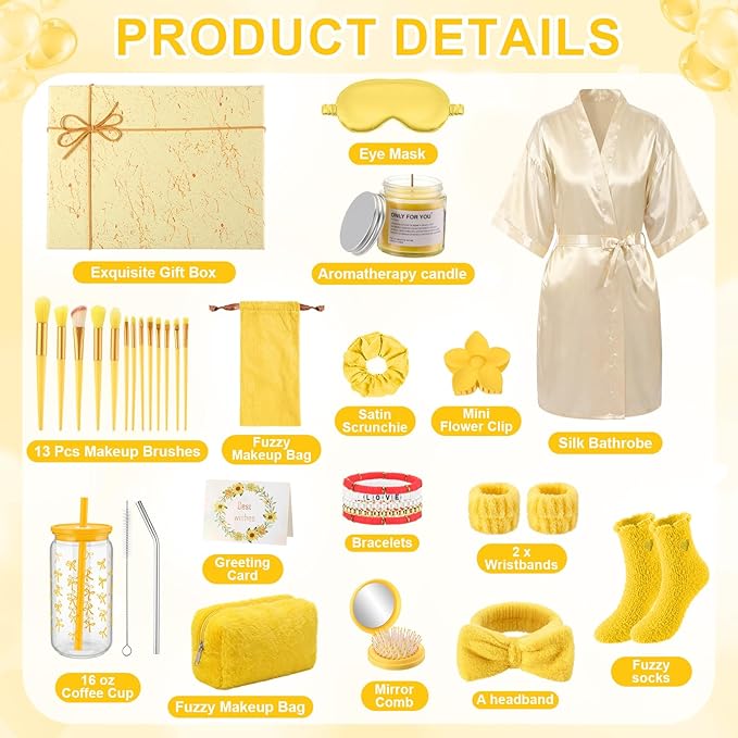 15 Pcs Birthday Gifts for Women Robe Sets for Women Spa Basket Set Graduation Gifts Bath Robe Make up Brushes Scented Candle Fluffy Socks Coffee Cup for Mom Nurse Girlfriend Wife(Yellow)