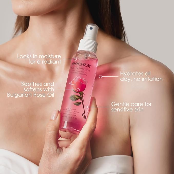BIOCHEM Rosa Vita Tonic Mist – 3-in-1 Rose Water Toner, Face Mist & Makeup Finishing Spray with Rose Oil & Vitamins B |  Hydrating & pH Balancing Mist for All Skin Types (4.05 fl oz / 120 mL)