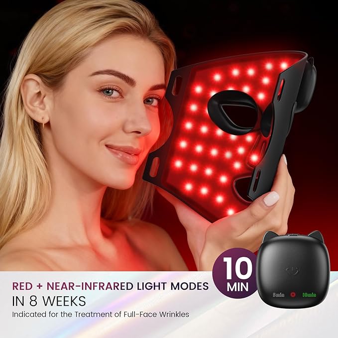 Red Light Therapy for Face, 850nm Infrared LED Face Mask Light Therapy with 280 LEDs, Cordless Red Light Therapy Device with 5 & 10 Min Timer, FDA Cleared Light Therapy Mask