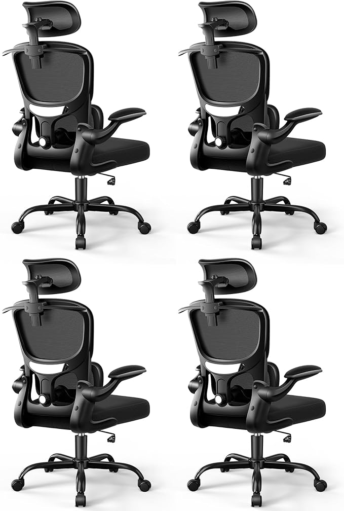 Ergonomic Office Chair, Mesh Desk Chair with Lumbar Support, High Back Home Office Chair with Adjustable Headrest and Flip-Up Arms, Comfortable Computer Chair, Thick Cushion,Black-4 Pack
