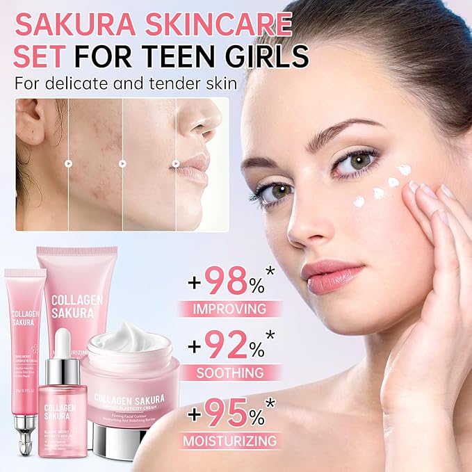 JAPAN SAKURA Skin Care Set, Cherry Blossom Skincare Set for Teen Girls & Women, Moisturizing & Repairing Skin, 4 Pcs Collagen Skin Care Kits for Travel with Facial Cleanser, Serum, Cream & Eye Cream