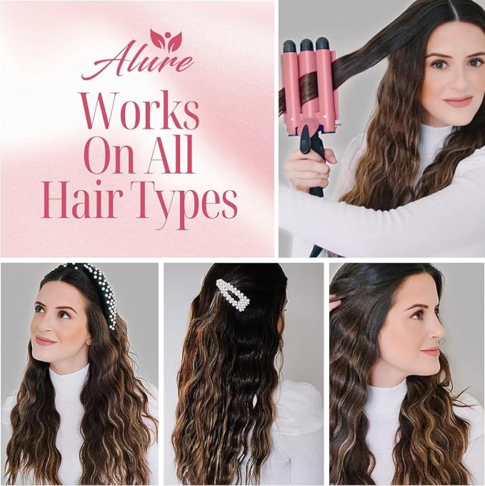 Alure Three Barrel Curling Iron Wand with LCD Temperature Display - 1 Inch Ceramic Tourmaline Triple Barrels, Dual Voltage Crimping Tool, Best Hair Waver for Beachy/Frizz Free Waves (Rose Gold)