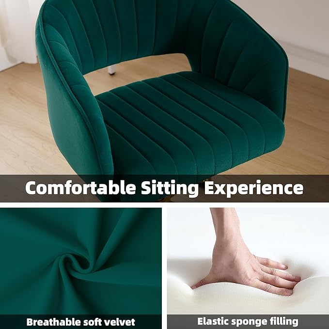 Westice Home Office Desk Chairs, Modern Velvet Rolling Chair, Height Adjustable Swivel Vanity Chair with Metal Base, Ergonomic Chair for Study, Living Room Computer Room, Green