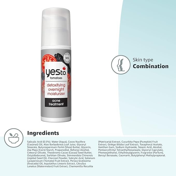 Yes To Tomatoes Detoxifying Overnight Moisturizer, Quick-Absorbing Formula That Helps Exfoliate Skin & Prevent New Acne, With Salicylic Acid & Charcoal, Natural, Vegan & Cruelty Free, 1.7 Fl Oz