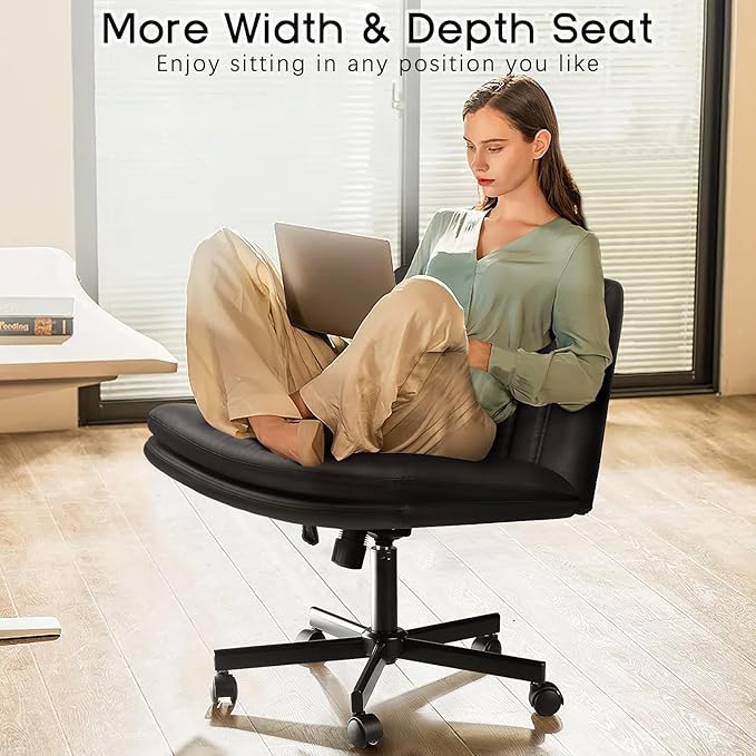 PUKAMI Criss Cross Chair,Comfy Cross Legged Office Desk Chair No Wheels,Modern Fabric Swivel Adjustable Height Mid Back Wide Seat for Home Office Computer (Pu Black with Wheels)