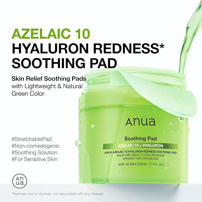 ANUA Azelaic 10 Hyaluron Redness Soothing Pad, Troubled & Spot Care, Quick & Easy Stretchable Facial Mask with Azelaic acid, Hyaluronic Acid, Korean Skincare (90 pads)