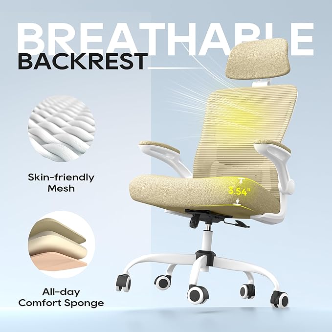 Ergonomic Office Chair, High Back Mesh Desk Chair with Adjustable Lumbar Support & Headrest, Flip-up Armrest, Computer Task Chairs for Home and Executive Office (W-Beige)