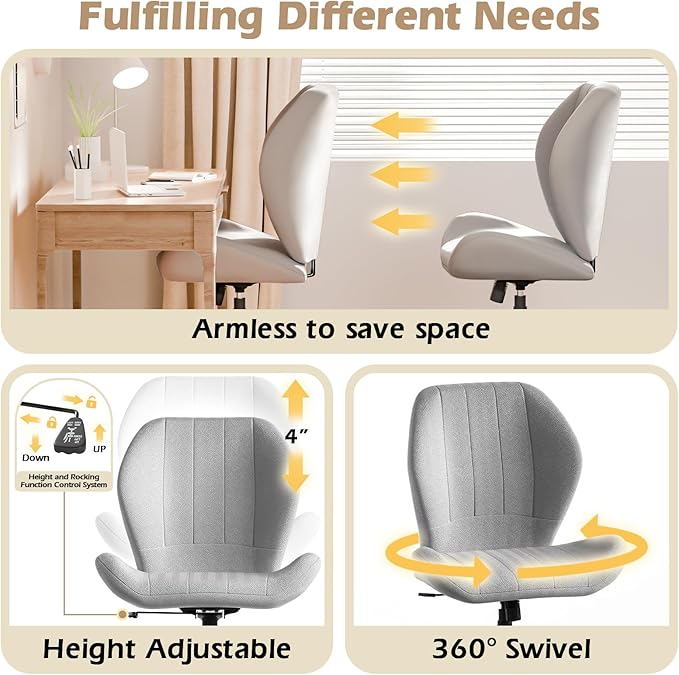 Criss Cross Chair with Wheels, Wide Cross Legged Office Chair Armless Comfy Desk Chair with Tall Back Vanity Chairs with Stress Relief Curved Design Seat for Bedroom & Office & Home Grey