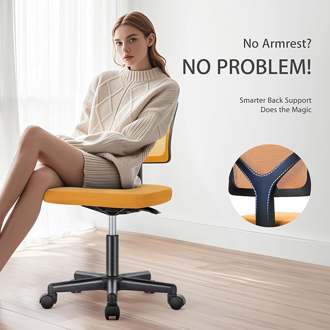 NEWBULIG Home Office Desk Chair, Armless Ergonomic Swivel Computer Chair with Wheels, Adjustable Height and Low-Back Mesh Design, Rolling Chair with Lumbar Support and Comfortable Seat, Orange