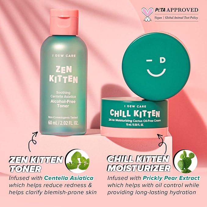 I Dew Care Travel Skincare Set - Kitten Crush | With Centella Asiatica, Prickly Pear, Aloe Vera, Heartleaf Extract, Hydrating, Facial Toner, and Moisturizer for Blemished Skin, Gift, Gift Set, Spa Day