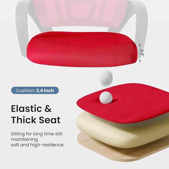 DUMOS Home Office Chair - Ergonomic Mid Back Mesh Desk Chair with Lumbar Support & Rocking Mode, Height Adjustable with Fixed Armrest, for Computer, Gaming, Meeting, 360° Swivel, Red