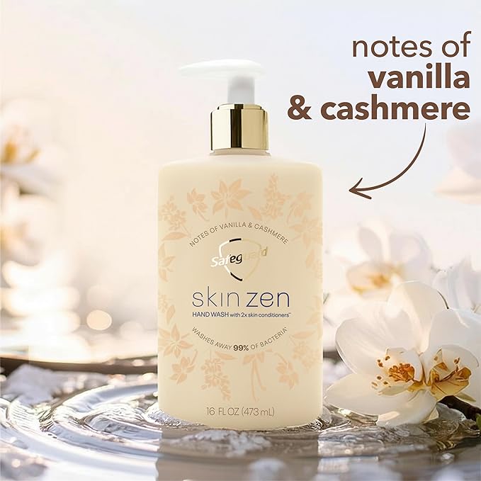 Safeguard Liquid Hand Soap, Skin Zen, Washes Away 99% Bacteria, Made with Natural Moisturizers & 2X Skin Conditioners, Safeguarding Families, PH Balanced Formula, Vanilla & Cashmere Scent, 16 oz