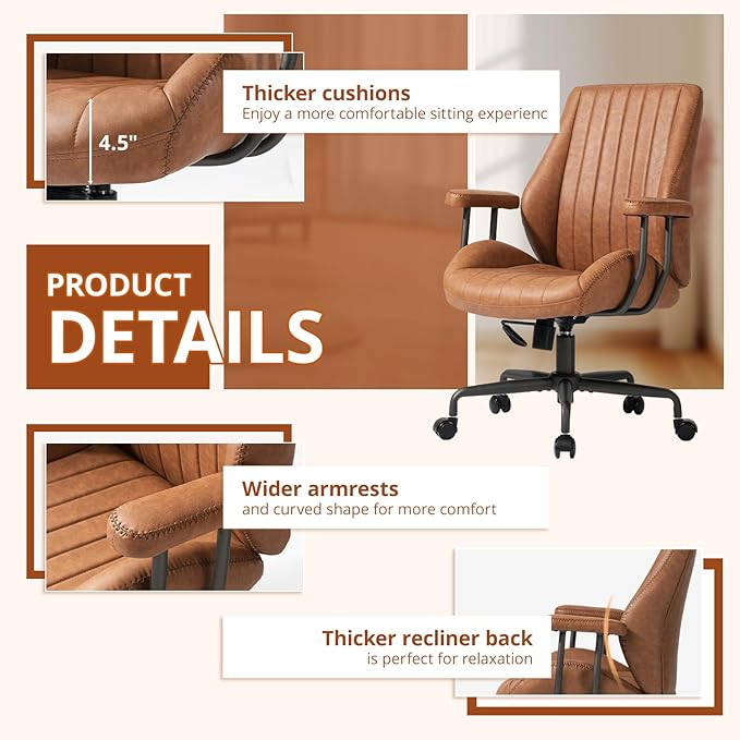Ergonomic Office Chair 330LBS, Reclining Swivel Mid Back Desk Chair with Adjustable Height, Thickened Cushions, Comfy Executive Armchair for Home Office
