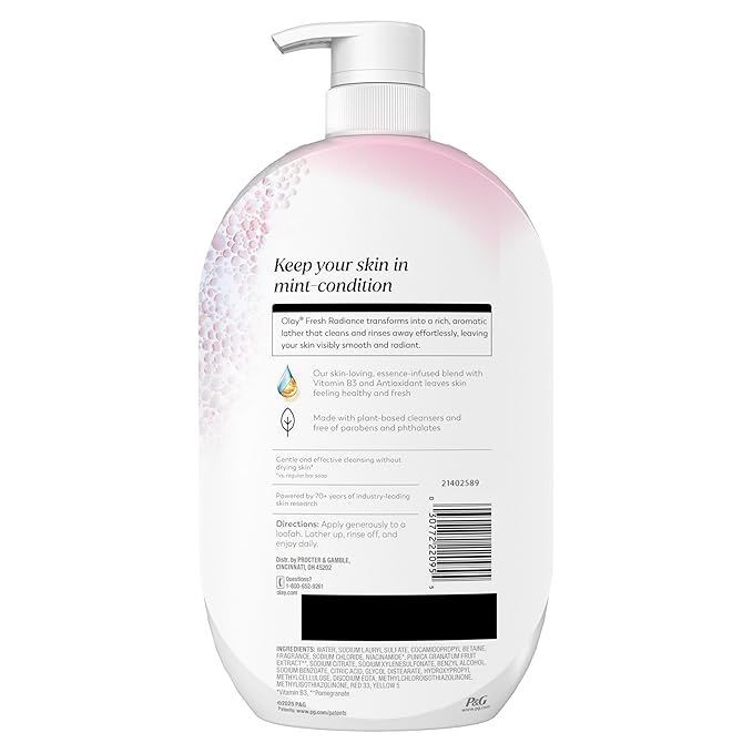 Olay Body Wash for Women, Fresh Radiance, 24/7 Skin-Loving Freshness, Visibly Radiant, Plant Based Cleansers, Vitamin B3 & Antioxidant Blend, For All Skin Types, Strawberry & Mint Scent, 35 fl oz
