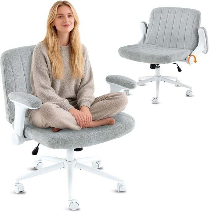 VINGLI Criss Cross Chair with Adjustable Flip-Up Arms,Cross Legged Chair with Wheels, Extra Wide Office Chair,Cozy Desk Chair for Home Office, Vanity, Apartment,Chenille Velvet,Light Blue-Green