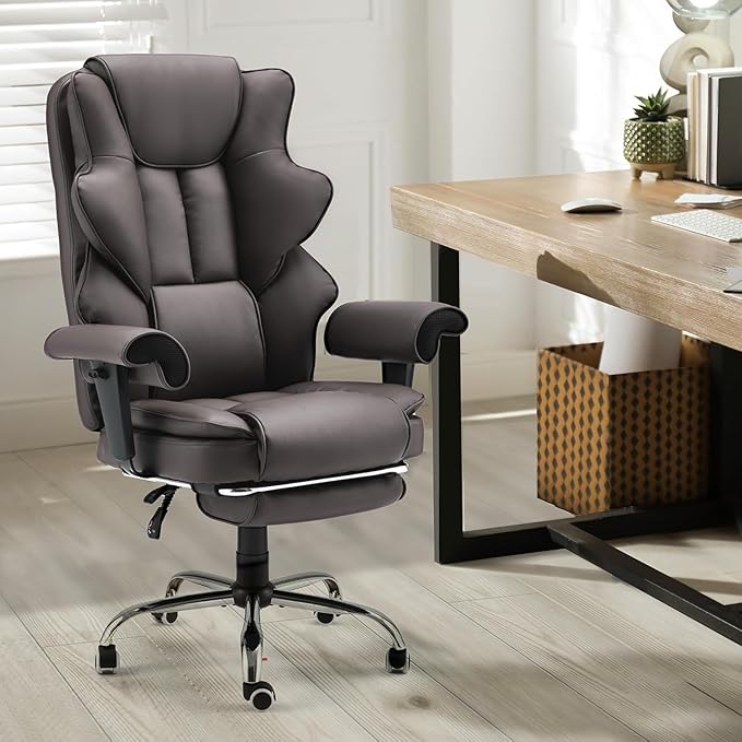 HOMREST 6-Point Massage Executive Chair, Ergonomic Heated Office Chair with Adjustable Backrest & Armrests, Home Office Desk Chair, Leather Computer Chair with Retractable Footrest(Brown)