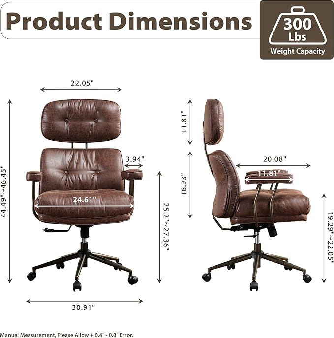 HOOOWOOO Ergonomic Office Chair,Mid Century Modern Computer Desk Chair,Comfy Executive Chair with Extra Wide Tufted Cloudy Seat Lumbar Support High Reclining Back,Suede Leather Dark Brown
