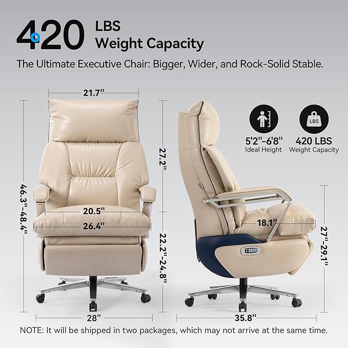 M80A Dual Motor Electric Executive Office Chair with Footrest, Comfortable Reclining Office Chair Wide Seat, Big and Tall Ergonomic Leather Home Office Desk Chair (Beige,Multi-Functionality)