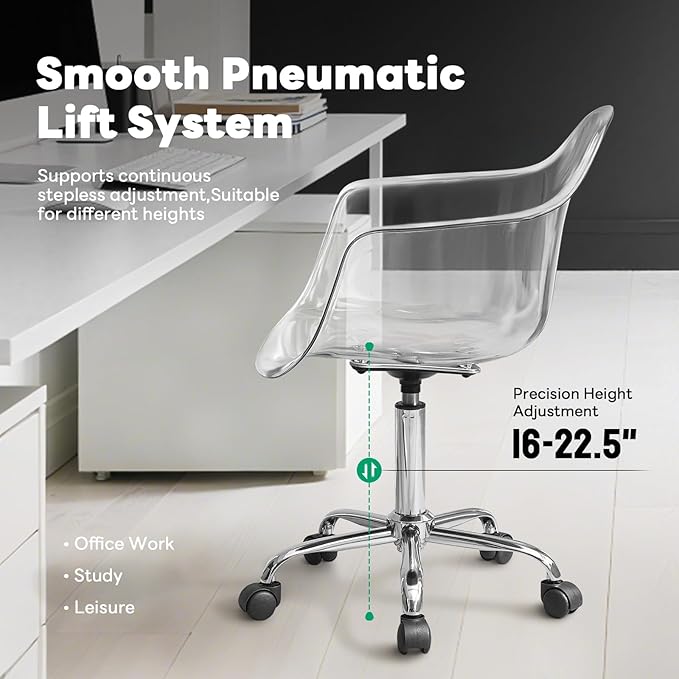 Lessmore Clear Desk Chair, Adjustable Acrylic Home Office Chair with Wheels, Swivel Vanity Rolling Chair Swivel Task Chair for Office, Home, Make Up, Small Space, Bed Room(Silver)