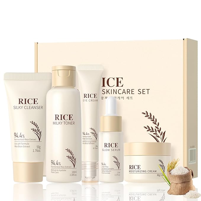 5PCS Rice Skin Care Set for Women & Teen Girls – Facial Kit for Women with Cleanser, Toner, Serum, Eye Cream & Face Cream – Travel Size Skincare Set Soothing & Moisture-Locking Daily Skincare Gift Set