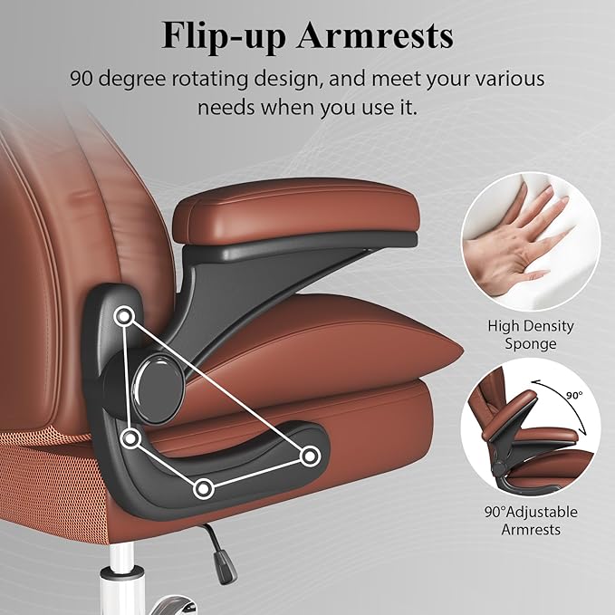 Office Desk Chair, Executive Leather Office Chair, High Back Ergonomic Home Desk Chair with Padded Flip-up Arms, Big and Tall Computer Chair with Rocking Function, 360°Swivel Free, Light Brown