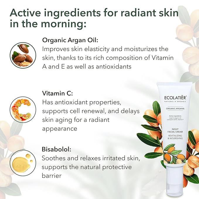 Night Cream with Organic Argan Oil – Revitalizing & Nourishing, Anti-Aging Face Moisturizer with Vitamin C, Vegan, 97.7% Natural Ingredients, 1.7 Fl Oz - ECOLATIER