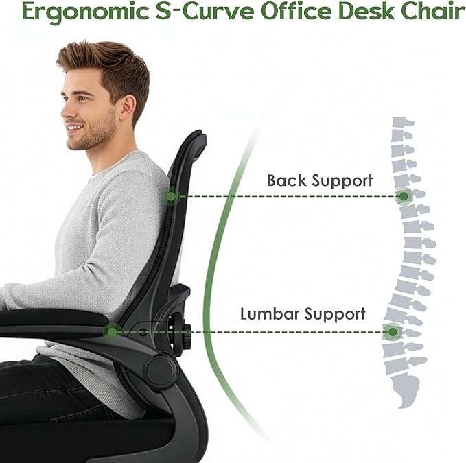 Office Chair Ergonomic Desk Chair - Mesh Comfy Home Desk Office Chairs with Wheels Adjustable Lumbar Support Flip up Armrest Executive Rolling Swivel Teacher Task Computer Chair Black