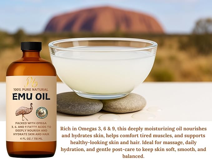 Emu Oil, 100% Pure Australian Emu Oil – Refined & Unscented – Natural Moisturizer for Hair, Skin, Face & Body – Helps with Scars, Dry Skin & Massage – 4 fl oz Glass Bottle