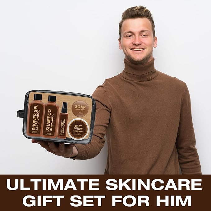 Gifts for Men 6pcs Sandalwood Gift Set Bath Sets with Shampoo, Shower Gel, Soap, Body Lotion, Body Wash Mens Gifts Birthday Anniversary Gift Sets for Men, Christmas Self Care Fathers Day Gift