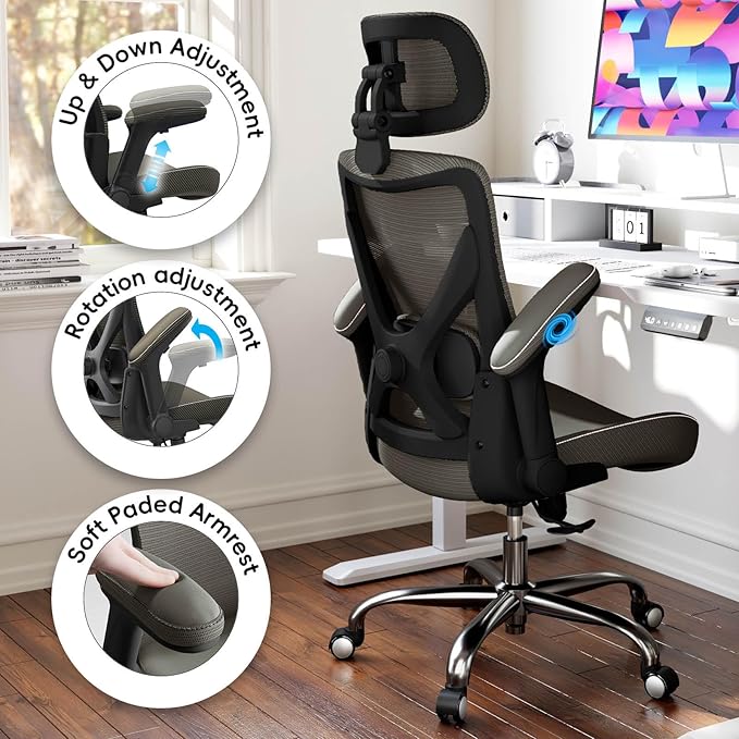 Office Home Ergonomic Desk Chair-Computer X-Shaped Chair Mesh PU Leather with Adjustable Lumbar Support-Executive Chair High Back Flip-Up Arms for Long Hours (Dark Green)